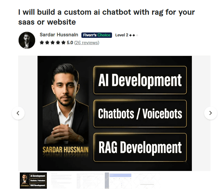 Sardar Hussnain on Fiverr, awarded Fiverr's Choice for AI chatbot and RAG development